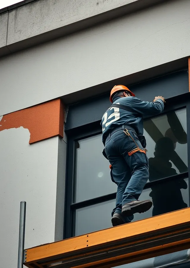Façadier ravalant une façade sur échafaudage en Haute-Garonne